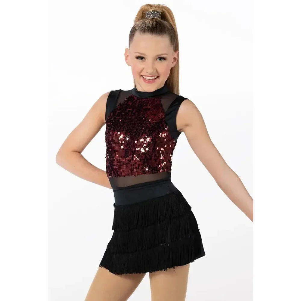 Pre-Owned Dance Costume Weissman 13499 Int Child Burgundy 3 in 1 Jazz Sequin